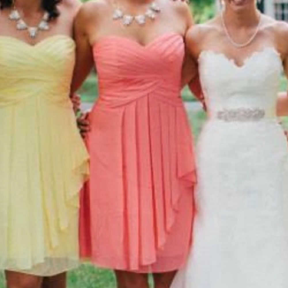David’s Bridal Strapless Coral Chiffon Bridesmaids Dress